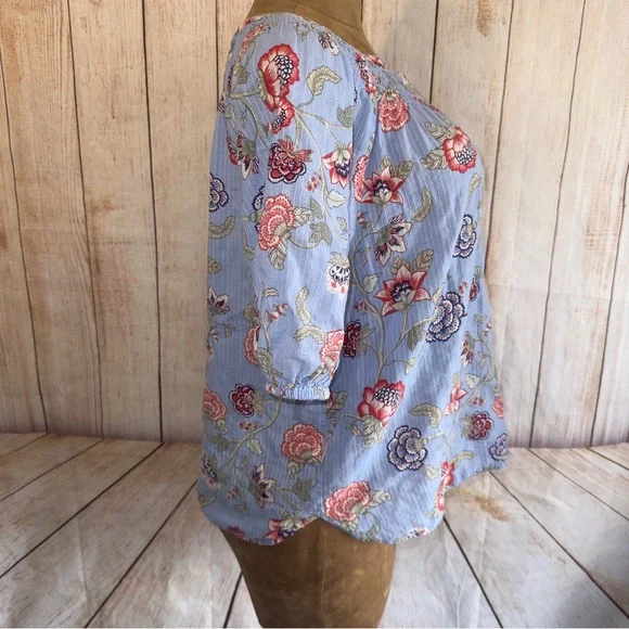 LOFT Blue Floral Blouse, lightweight, eyelet detail, elastic sleeve, women’s XL - Picture 3 of 10